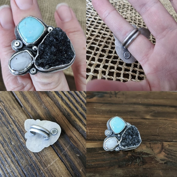 Large Sterling Silver, Turquoise, Quartz Druzy, & Enamel Statement Ring. - Picture 11 of 14